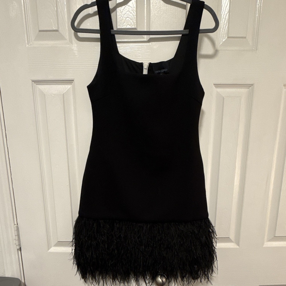 Cynthia Rowley Women's Black Square Neck Mini Dress Sleeveless Feather Hem 4